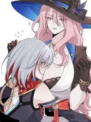 2girls blue_eyes female female_focus female_only hat head_on_breasts honkai:_star_rail honkai_(series) jade_(honkai:_star_rail) large_breasts large_hat light-skinned_female light_skin long_hair looking_at_partner multiple_girls pink_hair seol_(artist) short_hair silver_eyes smile smiling smiling_at_partner tagme topaz_(honkai:_star_rail) white_hair yuri