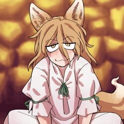 1futa animal_ears blonde_hair blush clothed clothing eddybird fox_ears fox_girl fully_clothed futa_only futanari humanoid implied_futanari kemonomimi kudamaki_tsukasa light-skinned_futanari light_skin long_hair solo solo_futa sweat sweating touhou yellow_eyes