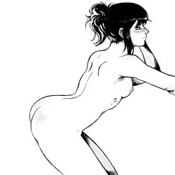 arched_back ass blush butt_crack completely_nude female female_only gintama hi_res looking_at_viewer looking_back monochrome nude otterpeppis ponytail shimura_tae small_breasts smile solo