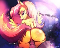 abstract_background anthro anus ass big_butt bodily_fluids duo english_text equid equine female fluttershy_(mlp) friendship_is_magic genitals glowing hair hasbro hi_res horse humanoid humanoid_genitalia looking_back male male/female mammal mistleinn my_little_pony mythological_creature mythological_equine mythology pegasus penis pink_hair pony pussy sweat sweatdrop sweaty_butt tail text wings yellow_body