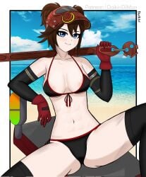 1girls abs accessory beach bikini blue_eyes breasts brown_hair daikiri_di_mon fortnite fortnite:_battle_royale gloves patreon_username short_hair smiling smiling_at_viewer spread_legs the_machinist_(fortnite) thighhighs