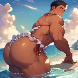 1boy ai_generated big_ass big_ass_(male) big_butt bikini blush blushing_male brown_hair bubble_butt dark-skinned_male male male_only muscular_male presenting presenting_hindquarters skimpy_bikini solo solo_male thiccanimeboys