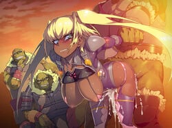 10s 1girls blonde_hair blue_eyes censored dark-skinned_female dark_skin female interspecies namaniku_atk tagme taimanin_(series) taimanin_asagi_battle_arena tied_hair twintails yomi_akitsu