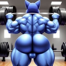 ai_generated animatronic anthro ass balls butt domestic_cat fazbear_fanverse feline five_nights_at_candy's fnaf frosting.ai furry furry_only gay gym male male/male male_only muscular muscular_male musk old_candy_(fnac) rear_view solo sugar1989 weightlifting