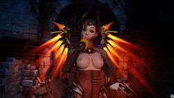 3d alternate_costume blender blizzard_entertainment breasts devil devil_mercy eichenwalde_(map) female highres mercy nipples overwatch smug suggestive tail thinking wings