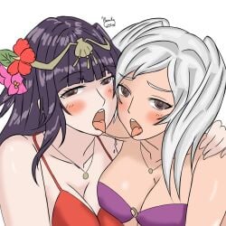 1girls after_kiss alternate_costume arm_around_shoulders bangs bikini black_hair breasts brown_eyes cleavage female female_only fire_emblem fire_emblem_awakening fire_emblem_heroes french_kiss grey_hair haruka1556 kissing long_hair looking_at_viewer medium_breasts medium_hair naughty_face nintendo official_alternate_costume open_mouth purple_bikini purple_swimsuit red_bikini red_swimsuit robin_(female)_(summer)_(fire_emblem) robin_(fire_emblem) robin_(fire_emblem)_(female) solo swimsuit tharja_(fire_emblem) tharja_(summer)_(fire_emblem) tongue tongue_out twintails yuri