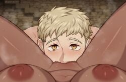 1boy 1girls background_character blonde_hair canon_genderswap cunnilingus cunnilingus_pov dark-skinned_female delicious_in_dungeon devouring_pussy dungeon_meshi eating_pussy female female_pov interracial laios_touden looking_at_viewer male male_focus musk npczoey short_hair