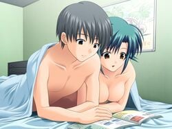 ariko_youichi bed black_hair blanket book brown_eyes couple cute fortune_cookie_(game) green_hair naked_sheet nude reading shared_blanket takaya_yui under_covers