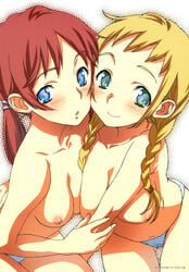 blonde_hair blue_eyes braid breasts cheek-to-cheek face green_eyes highres nipples panties red_hair sameda_koban tied_hair topless twin_braids twintails underwear