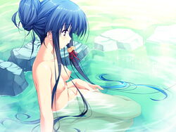 1girls bell bells blue_hair breasts censor_hair convenient_censoring female folded_legs game_cg hair_bell hair_bun hair_ornament hair_up hand_on_thigh jingle_bell legs_folded long_hair mound_of_venus munyuu nipples nude onsen profile purely purple_eyes ribbon rock rocks shizukuiro_tsumugi side_view sitting solo submerged thigh_gap thighs underwater very_long_hair wading water wet yokozuwari