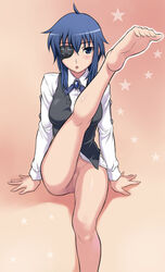 barefoot blue_eyes blue_hair bottomless eye_patch feet female female_only human innie_pussy leg_up long_legs maruto maruto! natose no_panties pussy short_hair soles solo they_are_my_noble_masters toe-point toe-scrunch toe_scrunch toes uncensored