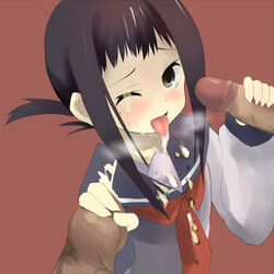 atahuta brown_hair bust cum cum_on_clothes dark_penis facial fellatio foreskin handjob kaga_ai looking_at_viewer multiple_penises oral payot penis ponytail red_background sayonara_zetsubou_sensei school_uniform serafuku tied_hair tongue tongue_out uncensored wince wink yellow_eyes