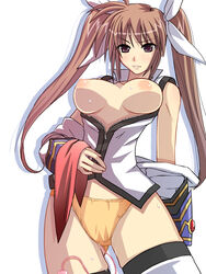 breasts breasts_out brown_hair ichimedoo large_breasts long_hair lyrical_nanoha mahou_shoujo_lyrical_nanoha mahou_shoujo_lyrical_nanoha_strikers nipples no_bra off_shoulder open_clothes open_shirt panties purple_eyes shirt sweat takamachi_nanoha thighhighs tied_hair twintails underwear unzipped vibrator vibrator_in_thighhighs vibrator_under_panties white_legwear white_thighhighs yellow_panties zipper