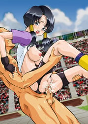 1boy 2d anal audience bb big_breasts black_hair breasts censored cum cum_inside dragon_ball dragon_ball_z female fingerless_gloves human large_breasts looking_at_viewer male open_mouth public rape shirt_lift straight straight_hair t-shirt tear tied_hair torn_clothes twintails umedama_nabu videl videl_(long_hair)