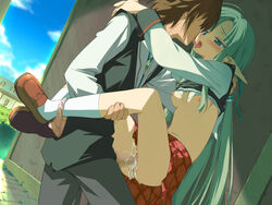 against_wall ahoge aqua_eyes bangs blunt_bangs blush bow bow_panties breasts brooch brown_hair censored clothed_sex cloud cum cum_inside durandal_fernek dutch_angle elf faceless faceless_male flat_chest french_kiss game_cg green_hair high_resolution holding hug jewelry kissing lace-trimmed_panties leg_grab leg_lock legs loafers male_human/female_elf midriff mosaic_censoring nipples no_bra open_mouth outdoors panties panties_around_leg panties_around_one_leg panty_pull penis pink_panties plaid plaid_skirt pointy_ears public pussy pussy_juice ruru ruruguno_janus_enfinus school_uniform serafuku sex shida_kazuhiro shirt_lift shoes short_hair skirt sky socks standing stealth_sex straddle tongue underwear upright_straddle vaginal_penetration wiz_anniversary