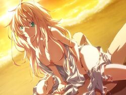 beach blonde_hair breasts cowgirl_position dies_irae dress g_yuusuke game_cg green_eyes large_breasts long_hair margueritte_breuil nipples outdoors sex straddle sunset torn_clothes very_long_hair water