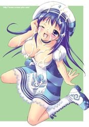 arin blue_eyes blue_hair blush breasts cleavage cum cum_on_body cum_on_breasts cum_on_upper_body facial female hat pangya tongue