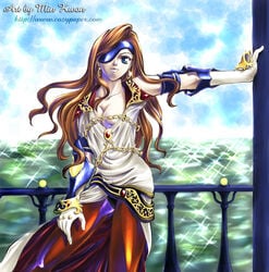 beatrix_(final_fantasy) blue_eyes breasts brown_hair cleavage eye_patch female female_only final_fantasy final_fantasy_ix gloves human long_hair min_kwan pantyhose solo straight_hair