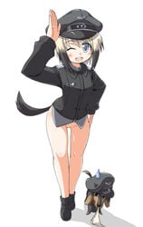 blue_eyes blush bottomless canine clothing erica_hartmann hat multicolored_hair naitou_kouse panties pussy short_hair strike_witches sweatdrop tail two_tone_hair uncensored underwear wink