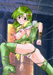 1girls 2006 blush bondage boots breasts brown_eyes censored earrings female female_only final_fantasy final_fantasy_iv green_hair human jewelry pussy pussy_juice rydia solo tear thigh_boots thighhighs umedama_nabu zettai_ryouiki