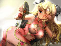 bare_shoulders blonde_hair blush breasts broccoli china_dress chinadress chinese_clothes cleavage_cutout erect_nipples female galaxy_angel hair_ornament hairclip naughty_face pussy pussy_juice ranpha_franboise see-through solo wet