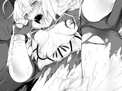 aburidashi_zakuro artoria_pendragon blush breasts breasts_out cum fate/stay_night fate_(series) monochrome open_mouth spread_legs tongue_out