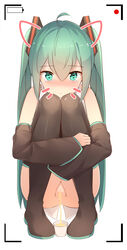 absurdres ahoge blush boots bottomless clothing container_urination cup detached_sleeves eyebrows_visible_through_hair female full_body green_eyes green_hair hair_between_eyes hatsune_miku highres kilo_(pixiv) leg_hug long_hair peeing peeing_in_cup pigeon-toed piss pissing pussy recording sitting_pee solo squatting tears thigh_boots thighhighs twintails urinating_female urine_in_container very_long_hair viewfinder vocaloid watersports