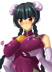 :o black_hair breast_lift breasts bun_cover china_dress chinadress chinese_clothes dress elbow_gloves fully_clothed gloves gundam gundam_00 haro impossible_clothes impossible_clothing impossible_dress kink_(tortoiseshell) nipple_bulge no_bra pointy_chin shiny shiny_clothes skin_tight wang_liu_mei