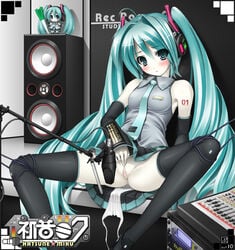 bare_shoulders blush bondage censored detached_sleeves green_eyes green_hair hatsune_miku headphones highres hypnotic-trance legs long_hair masturbation necktie pale_skin panties panty_pull pussy pussy_juice pussy_juice_trail rope side-tie_panties spread_legs thighhighs tie tied_hair twintails underwear upskirt vocaloid