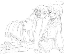 2girls female human kagami_hiiragi kochoko konata_izumi lucky_star monochrome multiple_girls school_uniform serafuku yuri