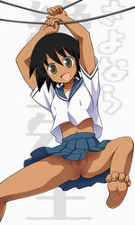 bad_feet barefoot black_hair censored cute_fang dark_skin feet filipino filipino_female hanging midriff no_panties open_mouth pussy sayonara_zetsubou_sensei school_uniform sekiutsu_maria_tarou serafuku short_hair upskirt yellow_eyes