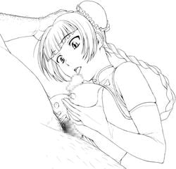 breasts bun_cover censored elbow_gloves female gloves gundam gundam_00 lowres male monochrome nigou paizuri penis sketch straight wang_liu_mei white_gloves