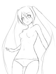 1girls 2d bangs breasts eyebrows_visible_through_hair eyes_visible_through_hair female female_only hair hatsune_miku long_hair medium_breasts monochrome navel no_nipples panties partially_clothed simple_background smile solo thigh_gap thighs tied_hair topless twintails underwear vocaloid yoshino_gaya