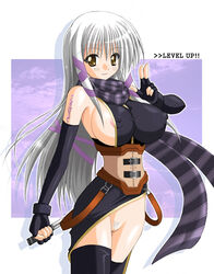 1girls areola_slip blush breasts brown_eyes clair_lasbard clothing elbow_gloves erect_nipples erect_nipples_under_clothes female fingerless_gloves gloves grey_hair huge_breasts knife large_breasts legwear nipple_slip nipples no_panties pubic_hair pussy scarf sideboob silver_hair smile solo star_ocean star_ocean_3 star_ocean_till_the_end_of_time stockings tattoo text thighhighs thighs uncensored womi