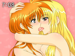 2girls clock fate_testarossa female french_kiss kissing lyrical_nanoha mahou_shoujo_lyrical_nanoha mahou_shoujo_lyrical_nanoha_strikers multiple_girls nude shirogane_kihen takamachi_nanoha tongue yuri