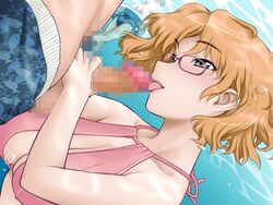 amagi_manami bikini blonde_hair breasts bubble censored cleavage color erection fellatio female femdom game_cg glasses handjob human kiriyama_taichi licking male manami_(sweet_home) mosaic_censoring oral penis pubic_hair public secret short_hair sideboob sneaky straight sweet_home swimsuit testicles tongue underwater underwater_sex