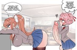 2girls ass breasts doki_doki_literature_club embarrassed female from huge_breasts huge_cock monika_(doki_doki_literature_club) natsuki_(doki_doki_literature_club) penis precum short_skirt side simple_background tagme thought_bubble unepicroachy