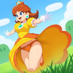 ai_generated bare_legs blue_eyes brown_hair energetic eyelashes female gloves grass groin heels high_heels legs mario_(series) nintendo orange_heels orange_high_heels orange_panties panties princess princess_daisy sassy sexy sky smile tomboy yellow_dress young young_female