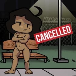 barefoot black_hair breasts cancelled dark-skinned_female exposed_pussy expressionless friday_night_funkin friday_night_funkin_lullaby friday_night_funkin_mod mole_under_eye public_nudity shaved_pussy shiny_skin street sunday_(bbpanzu) sunday_vs_hypno