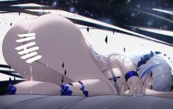 after_sex after_vaginal arm_strap arm_up ass bent_over blue_eyes blue_hair blush braid breasts censored completely_nude cum cum_in_pussy cum_overflow cumdrip darkstar_hubble_(neural_cloud) defloration female from_behind from_side full_body girls'_frontline girls'_frontline_neural_cloud half-closed_eyes kneeling large_breasts legs long_hair looking_at_viewer looking_back multicolored_hair nude on_bed open_mouth pussy pussy_juice pussy_juice_trail solo star_(sky) starry_sky_background streaked_hair ten_cws thighs top-down_bottom-up two-tone_hair very_long_hair white_hair