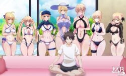 artoria_pendragon artoria_pendragon_(caster) artoria_pendragon_(lancer) artoria_pendragon_(lancer_alter) artoria_pendragon_(swimsuit_ruler) blonde_hair couch fate/grand_order fate_(series) fujimaru_ritsuka_(male) group harem large_breasts mysterious_heroine_x_(alter) mysterious_heroine_xx_(foreigner)