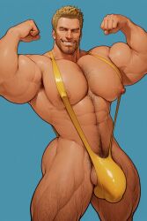 1boy ai_generated armpit_hair ass balls big_bulge big_nipples blue_1998 blue_background blue_eyes bulge chuck_greene civitai dead_rising flexing gay hairy_legs male male_only mankini moobs nipples pubic_hair simple_background solo video_games wink yaoi yellow_mankini