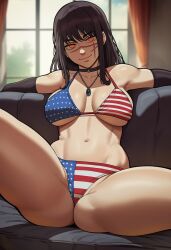 1girls ai_generated american_flag_bikini black_hair chainsaw_man choker demon demon_girl devil devil_girl female heroine japanese_female light-skinned_female mitaka_asa ringed_eyes scar scar_on_face spiral_eyes straight yoru_(chainsaw_man)