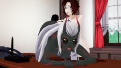 2girls 3d arrancon black_hair black_hair_female breasts desk dildo_in_pussy doggy_style female female_only horns kim_(arrancon_grimmed) long_hair long_hair_female monster_dildo multiple_girls nude_female penetration ruby_rose rwby sunglasses tongue_out white_hair white_hair_female