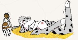 black_hair black_sclera bra branding branding_mark cow_girl cow_print cow_print_armwear cow_print_bikini cow_print_thighhighs dark_skin elbow_gloves feet female forehead_jewel forehead_mark futanari hay implied_futa lying lying_on_floor nose_ring pale_skin pixel pixel_art red_eyes rwby salem_(rwby) smirk stirrup_legwear stirrup_stockings stirrups stockings straw tendrils white_body white_hair white_skin wplace