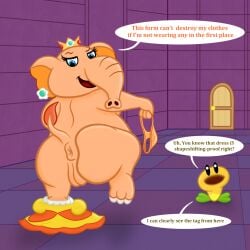 anthro anus ass big_butt blue_eyes clothing crown detailed_background dialogue discarded_clothing door dress duo ear_piercing elephant elephant_daisy elephantid english_text female flower genitals half-closed_eyes headgear hi_res holding_clothing holding_object holding_panties holding_underwear inside looking_back male mammal mario_bros narrowed_eyes nintendo orange_body panties piercing plant princess_daisy proboscidean puffy_anus raised_leg sharkinwaves speech_bubble super_mario_bros_wonder tail_anus talking_flower_(super_mario_bros_wonder) text underwear undressing vulva