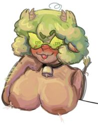 13_cards 13_карт 1girls au bimbo blush breasts breasts_milk cow_collar cow_horns cow_tail female_only genderbend genderswap huge_breasts milk rule_63 seductive solo white_background вару_(13_карт)