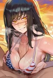 1girls ai_generated american_flag american_flag_bikini black_hair boobjob chainsaw_man demon demon_girl devil devil_girl female general_gooner heroine japanese_female light-skinned_female mitaka_asa ringed_eyes scar scar_on_face spiral_eyes straight yoru_(chainsaw_man)