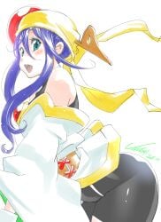 2021 anniversary ass bare_shoulders blue_hair blush breasts clothing curvaceous dated female female_only green_eyes happy high_resolution kotoyoshi_yumisuke lime_(saber_j) long_hair open_mouth saber_marionette_j shiny shiny_clothes shiny_hair simple_background skin_tight smile solo spandex thong traditional_clothes wafuku white_background