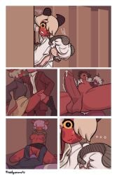 2025 animal_humanoid areola balls blush bottomwear bovid bovid_humanoid breasts caprine caprine_humanoid clothing comic eline_(theelgenerate) emanata english_text exhibitionism genitals hi_res horn humanoid humanoid_genitalia humanoid_on_humanoid humanoid_penetrated humanoid_penetrating humanoid_penetrating_humanoid humanoid_penis imp levi_(theelgenerate) male male/male male_penetrated male_penetrating male_penetrating_male mammal mammal_humanoid nipples obscured_eyes office office_sex penetration penis public public_sex red_body sex sheep_humanoid skirt stomach_bulge text theelgenerate